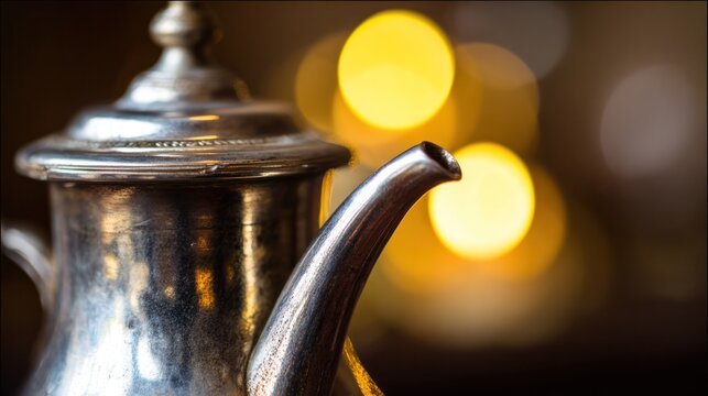 Ornate silver flagon reflecting candlelight with slight tilt, warm golden tones. bar promotions, beverage menus, designed for food & beverage menus and cafe branding.