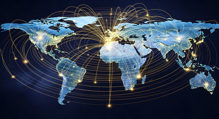 Abstract glowing world map illustrating worldwide network connections, international business logistics, and digital communication infrastructure