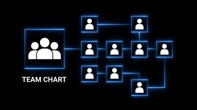 Team chart diagram with people icons and glowing blue lines on black background business organization - Powered by Adobe