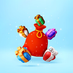 3d Red santa sack with colorful gift box. Christmas celebration. Birthday present. Holiday season concept for greeting card. Vector illustration