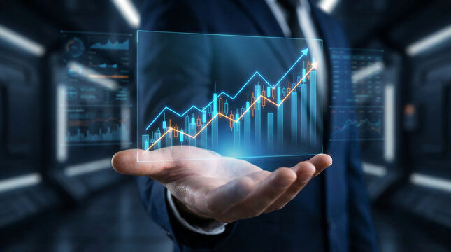 Businessman holding a futuristic holographic screen displaying a rising financial growth chart, symbolizing business success, investment, and data analysis