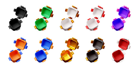 Set of 3D square box icon design in various colors with handle. Shopping basket symbol or container element for web design and packaging mockups. Vector illustration