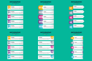 Set of six colorful infographic templates with icons charts and text placeholders for business and marketing presentations.