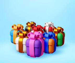 Many colorful gift boxes and bows on blue background. 3d illustration for birthday, Christmas, holiday, celebration, party, discount concept. Vector illustration