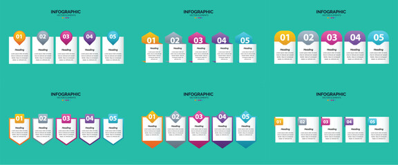 Set of six colorful infographic templates with icons charts and text placeholders for business and marketing presentations.