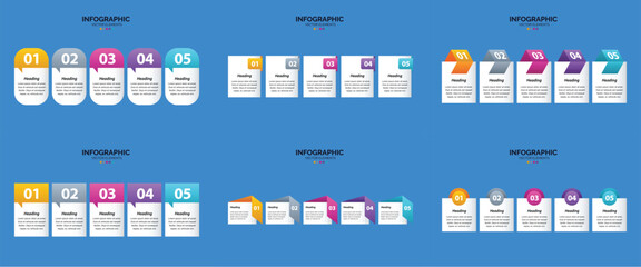 Set of six colorful infographic templates with icons charts and text placeholders for business and marketing presentations.