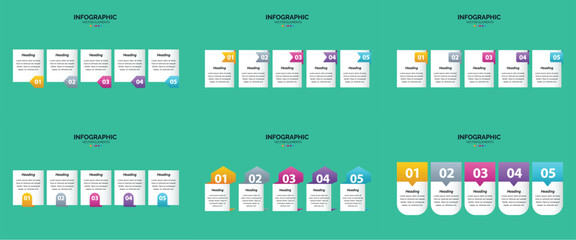 Set of six colorful infographic templates with icons charts and text placeholders for business and marketing presentations.