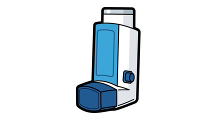 A blue  white inhaler has a button  mouthpiece black outline blue window
