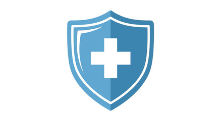 A blue shield with a white cross is centered on a white background It has a shadow detail to the side
