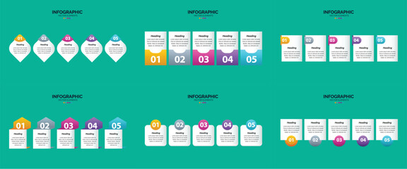 Set of six colorful infographic templates with icons charts and text placeholders for business and marketing presentations.