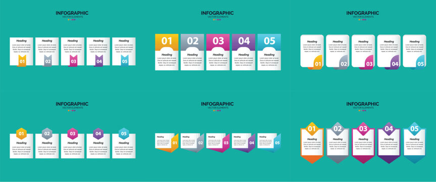 Set of six colorful infographic templates with icons charts and text placeholders for business and marketing presentations.
