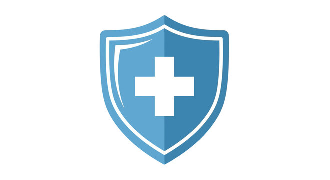 A blue shield with a white cross is centered on a white background It has a shadow detail to the side
