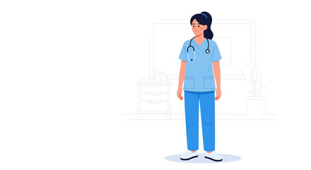 A cartoon nurse wearing blue scrubs and a stethoscope stands in a medical setting
