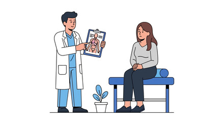 A doctor in a lab coat explaining a lung diagram to a seated patient