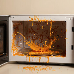 Microwave with exploded food splattered on interior walls and glass plate  