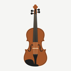 Fototapeta premium A detailed illustration of a classical brown wooden violin with black strings and tuning pegs, set against a plain light background.