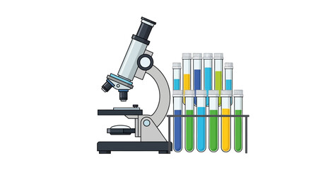 A microscope stands near test tubes with various colorful liquids in a white setting