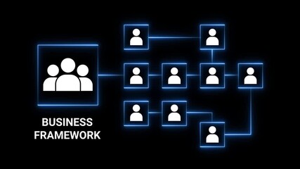 Organizational Chart with People Icons Connected by Blue Neon Lines on Black Background structure hierarchy