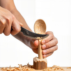 Person carving a wooden spoon by hand with a knife in workshop  