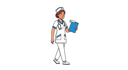 A nurse in uniform walks holding a blue clipboard and wearing a stethoscope