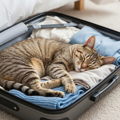 Cat sleeping curled up inside an open suitcase with clothes  