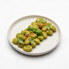 Vegan gnocchi plated with green basil pesto and sprinkled nuts