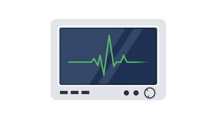 A monitor displays a green heartbeat line against a blue screen