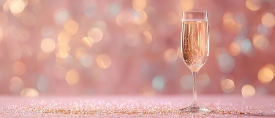 Champagne flute with golden bubbles and sparkling glitter on soft pink bokeh background for festive celebration