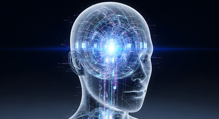 Glowing abstract human head with interconnected digital brain circuits and blue light emanating from the center, representing artificial intelligence and neural networks