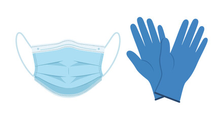 Cartoonstyle surgical mask and blue gloves on a white background