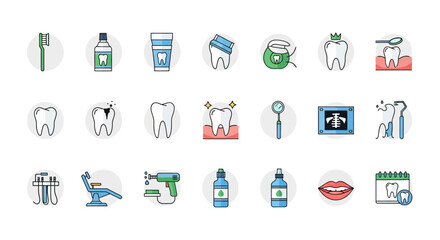 Dental icons depict oral hygiene with teeth tools and care products on light gray circles