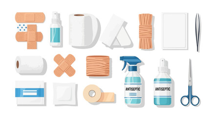 First aid kit contents bandages antiseptic spray gauze tape scissors tweezers