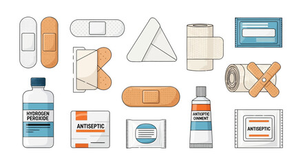 First aid kit illustration bandages antiseptic hydrogen peroxide