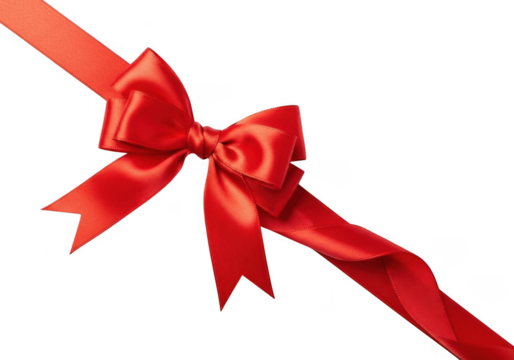 A vibrant red ribbon tied into a bow, presented diagonally on a clean transparent background, ideal for festive greetings and packaging