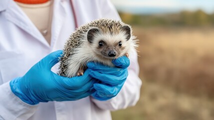 Small wild hedgehog being gently held by a veterinarian in blue gloves, showcasing the animal's unique features and textures in a natural outdoor setting with soft lighting