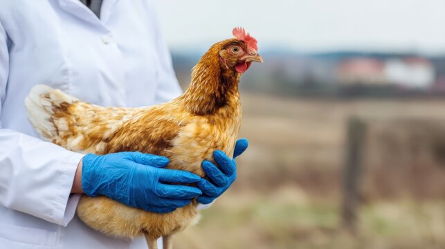 Veterinarian in white coat holds a healthy brown hen with blue gloves, showcasing animal care in a rural setting, emphasizing the bond between human and animal