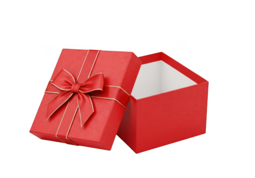 Open red gift box with a red ribbon and bow, isolated on transparent background