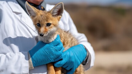 Wildlife biologist in white coat gently holds a wild young fox with blue gloves, showcasing animal care and conservation efforts in a natural outdoor setting