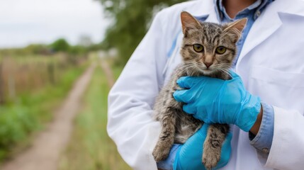 Veterinarian holding a stray gray tabby cat in blue gloves, standing outdoors on a path surrounded by greenery, showcasing animal care and compassion in a natural environment