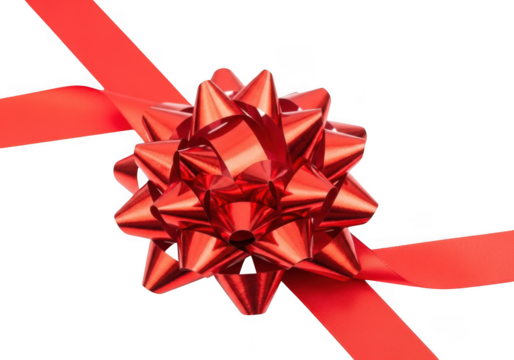 A metallic red gift bow with a starlike shape, isolated on a plain transparent background, perfect for holiday packaging