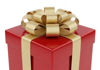 A red gift box with a golden ribbon and bow, isolated on transparent background