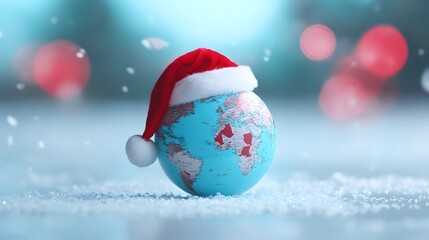 Colorful globe wearing a Santa hat surrounded by snow and festive lights during the holiday season
