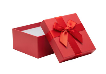Obraz premium Open red gift box with red ribbon and bow isolated on transparent background