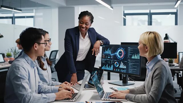 Manager led coaching team collaboration in high definition 4K UHD, capturing the essence of effective teamwork and strategic planning, ideal for corporate leadership training programs.