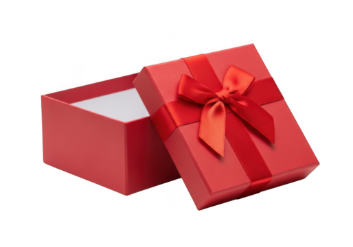 Open red gift box with red ribbon and bow isolated on transparent background