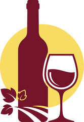 Stylized graphic illustration of a wine bottle and a glass of red wine with grape leaves and vineyard.