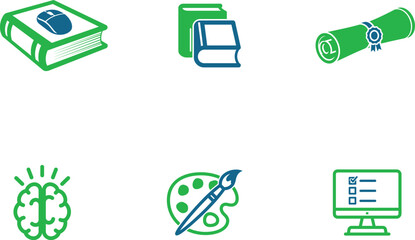 Icons representing education knowledge and creativity in a clean professional design suitable for websites and applications symbolizing online learning academic success and creative expression