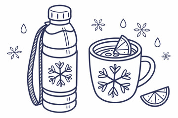 Winter drink and snowflakes line art Keywords: winter, drink, hot drink, beverage, mug, cup