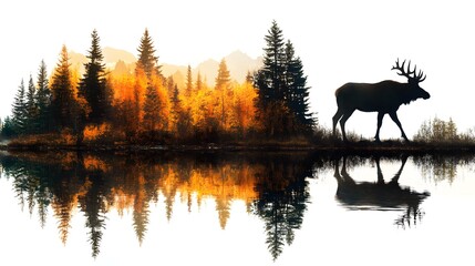 Majestic moose walking near a serene lake with colorful autumn trees at sunset