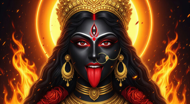 Fierce Goddess Kali with Third Eye, Tongue Out, Surrounded by Flames Hindu Indian